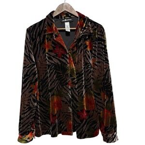 Sag Harbord Blouse Womens L Brown Floral Tropical Velvet Button Front Stretch